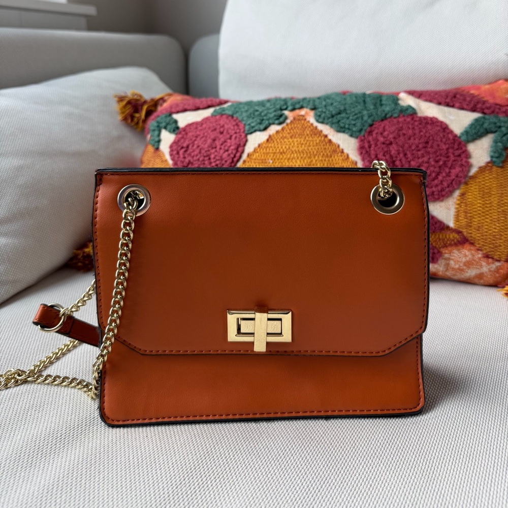 Women's Orange Leather Chain Shoulder Bag with Gold Hardware